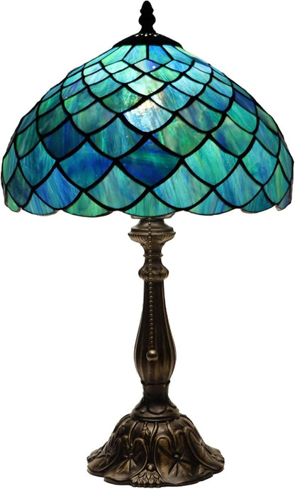 Tiffany Lamp Stained Glass Table Lamp Bedside Reading Light W12H19 Inches (Fishscale Style)