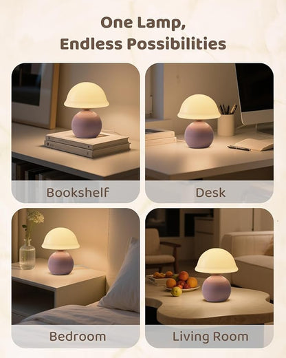 Mushroom Lamp Bedside Table Lamp for Bedroom, Cute Small Lamps with Glass Lampshade, Nightstand Lamp with Dimmer for Living Room Kitchen Apartments Offices Desk Shelves (Pink)