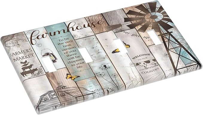 Rustic Western Farmhouse Windmill 4 Gang Decorative light switch plate Cover Vintage Barn Wooden Plank Inspirational Quote Quad Toggle Wall Plate Covers Switchplate Electrical Faceplate