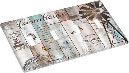 Rustic Western Farmhouse Windmill 4 Gang Decorative light switch plate Cover Vintage Barn Wooden Plank Inspirational Quote Quad Toggle Wall Plate Covers Switchplate Electrical Faceplate