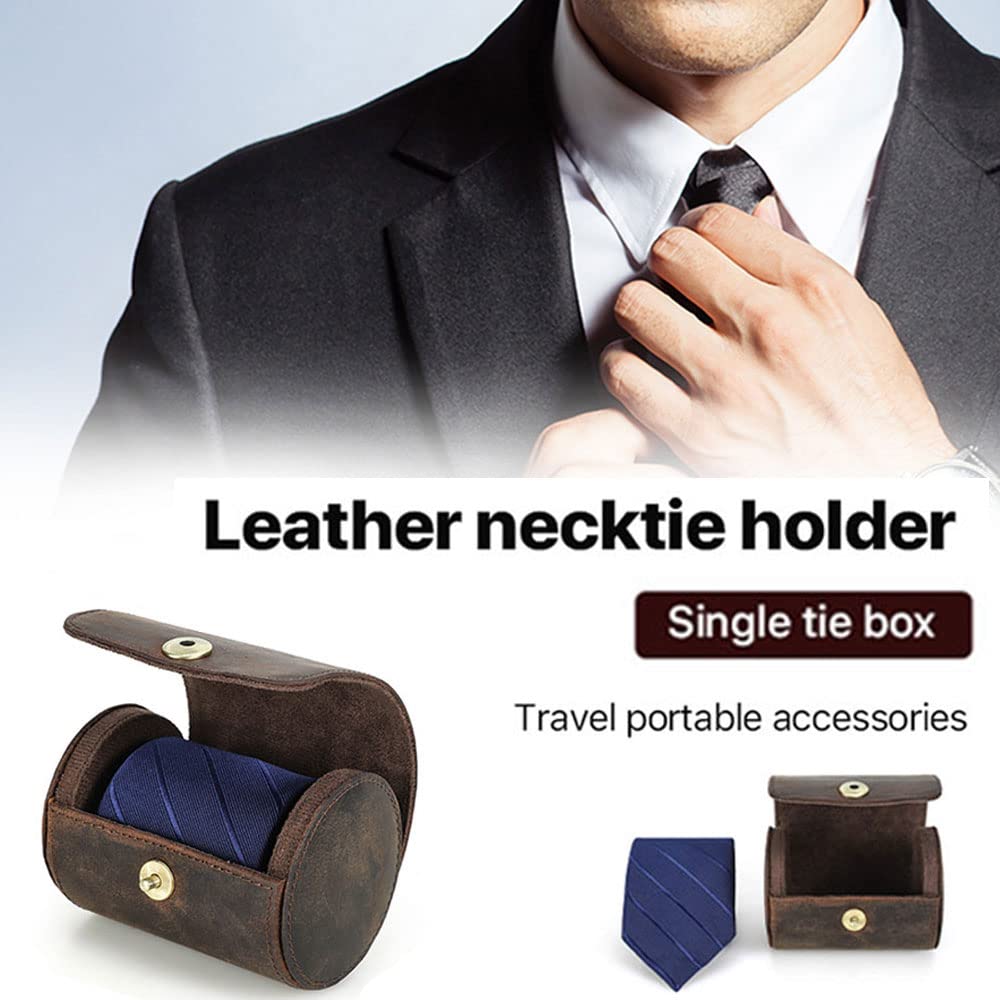 CONTACTS Tie Travel Holder for Men Crazy Horse Leather Handmade Ties Case Small Neckties Organizer Mens Tie Anti Wrinkle Storage Roll