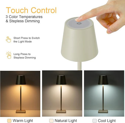 2 Pack Rechargeable Cordless Table Lamps, 5200mAh Battery Touch Table Light, Aluminum Shell Stepless Dimmable Portable LED Desk Lamp for Dinner/Restaurant/Outdoor Cream