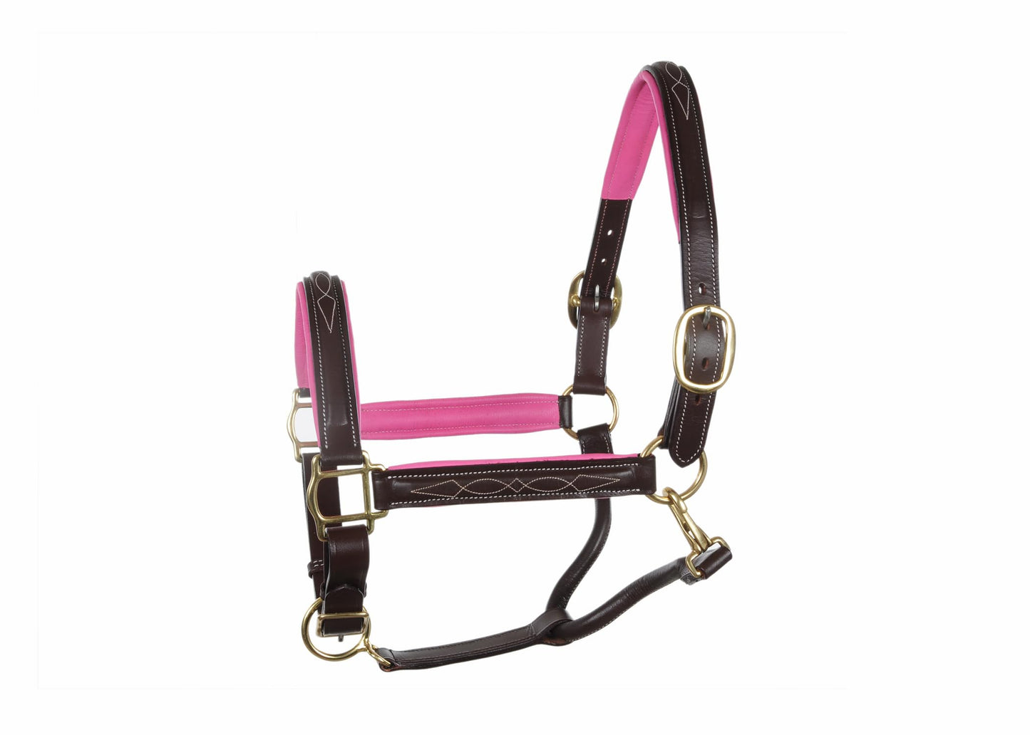 SIE EQUESTRIAN Leather Horse Halter with Brass Hardware, Pink and Black (Brown with Pink Padding, Cob)