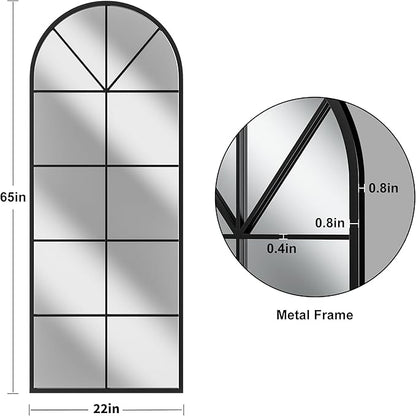 Full Length Mirror, 65"x22" Arched Window Pane Mirrors for Wall Decor, Black Full Body or Wall Mounted Mirrors, Farmhouse Standing Mirror Hanging or Leaning for Living Room, Entryway, No Stand