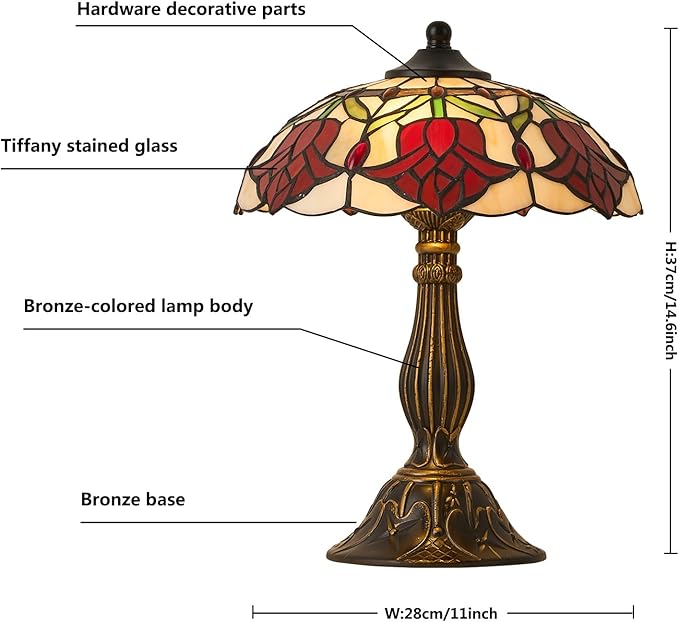 Tiffany Style Table Lamp, 12 inch Tiffany Style Stained Glass Table Lamp Bed Room Bedside Reading Desk Light for Living Retro Unique Cute Accent Decor Cottage Village Nightstand Lamps