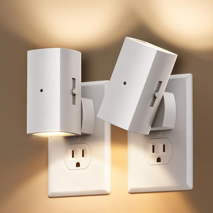 Brightown 2 Pack White Night Lights Plug into Wall, Modern Night Light with Rotating Plug, Dusk to Dawn Sensor, 0-100LM Stepless Dimming Aora Night Light for Hallway Bedroom Bathroom, Soft White