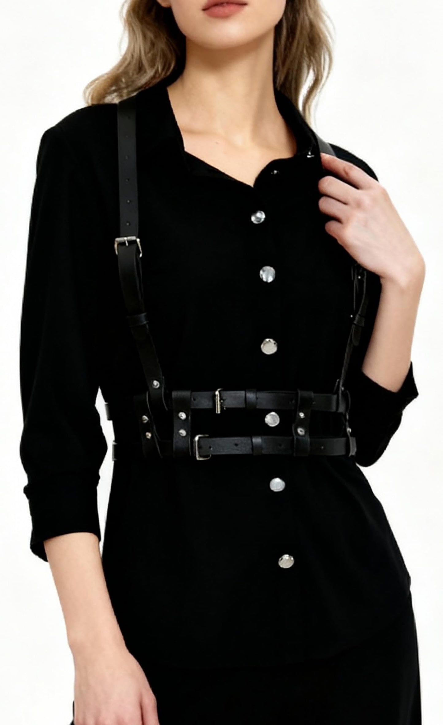 Women Adjustable Faux Leather Harness Belt Punk Fashion Waist Belt with Alloy Buckles Layered Outfit for Dresses Shirts Blazers Street(Waist 35.4-44.1in)