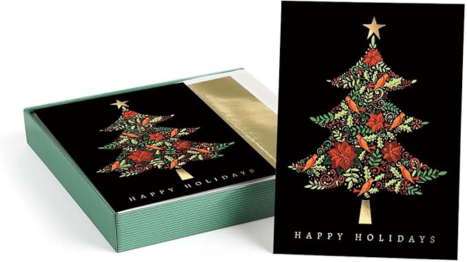 Masterpiece Tapestry Christmas Tree Cards / 16 Winter Holiday Cards Set With Gold Foil Accents And Coordinating Gold Foil Lined White Envelopes / 5 5/8" x 7 7/8" Folded Greeting Cards With Inside Verse