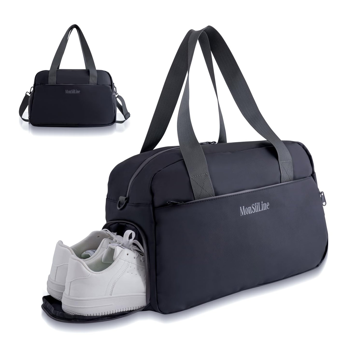 MonSiiLine Gym Bag for Women Men with Shoe Compartment, Waterproof Small Duffle Bag for Travel, Sports, Weekend Lightweight Carry on Tote Bag, Black, 27L