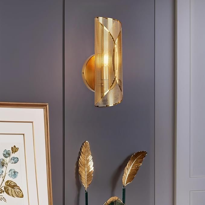 Industrial Cylindrical Aged Brass Curved Perforated Wall Sconce, 21 Inch Hand-Made Wall Mounted Light, Luxury Wall Light for Hallway, Bedroom, Living Room (1-Light)