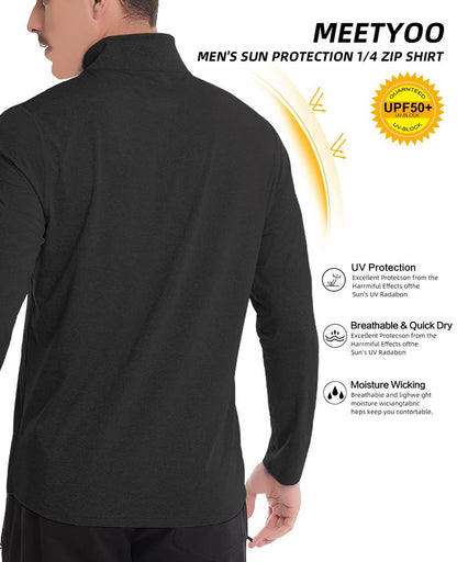 MEETYOO Quarter Zip Pullover Men,Long Sleeve Polo Shirts for Golf,1/4 Quick Dry UPF 50+ Sun Protection Sport Rash Guard Black