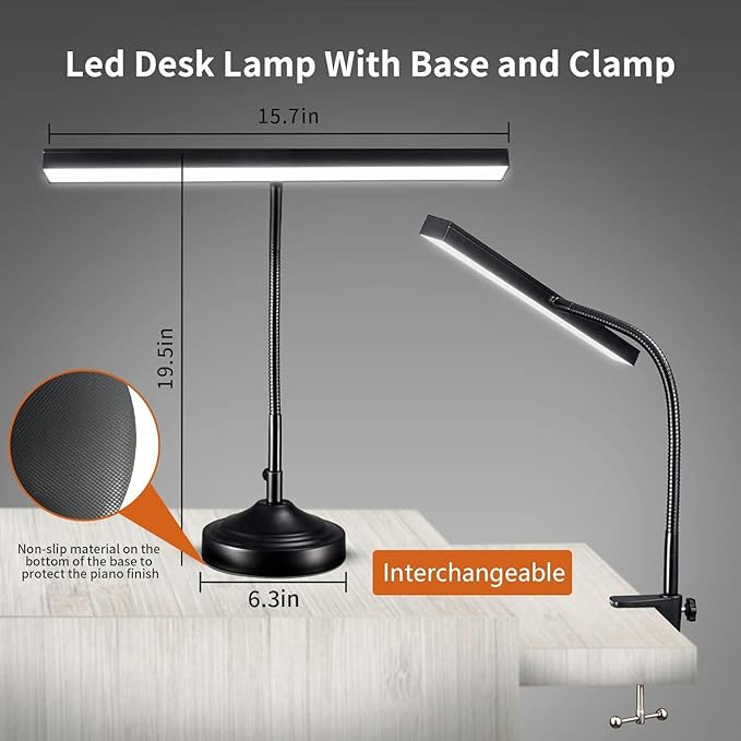 Piano Desk Lamp, 2-in-1 LED Piano Light with Base & Clamp for Upright Digital Grand Piano, 10W Flexible Gooseneck Table Lamp with 3 Color Modes×10 Brightness for Home Office Bedroom, Black