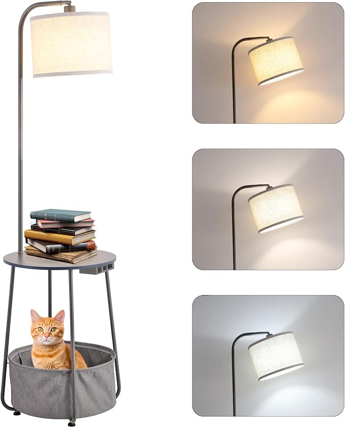 Floor Lamp with Cat Bed and Charging Station, Adjustable Lampshade, 3 Color Temperatures, Remote & Foot Switch Control, Standing Lamp with USB & AC Outlets for Living Room Bedroom, Gray