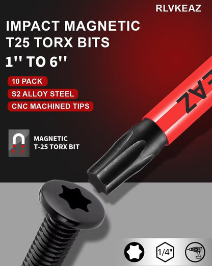 10-PCS T25 Torx Bits for Impact Driver, (1'' to 6'' Long) T-25 Star/Torx Bit Set, Premium Solid S2 Steel, Magnetic High-Torque, 1/4'' Hex-Shank for Auto Repair, Deck Building & DIY Projects