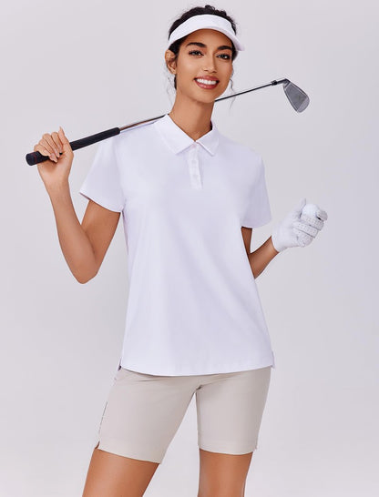 PINSPARK Polo Shirts for Women Short Sleeve Golf Shirt Lightweight Tennis Sport Tops Quick Dry Athletic T Shirt Side Slit Collared Workout Top, White Large