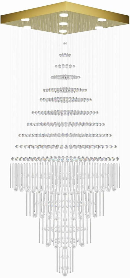 Flashing God D32''X H100'' Extra Large Chandeliers for High Ceilings Square Crystal Raindrop Gold Chandeliers Large Villa Chandelier Entrance Foyer Ceiling Light LED Dimmable 2700K-6000K