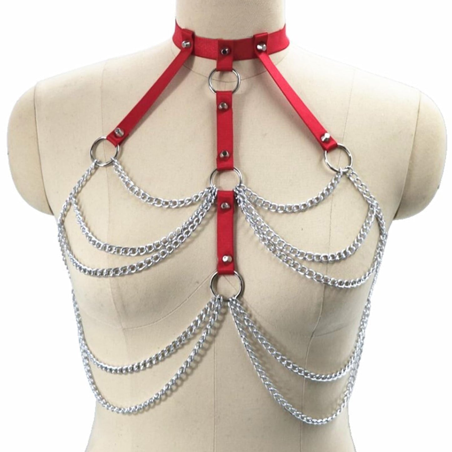 Adjustable Gothic Chest Chain for Women, Punk Faux Leather Body Chain Harness Waist Belt, Alternative Body Waist Chain Belly Bra Body Chain for Women (Red Chest Band)