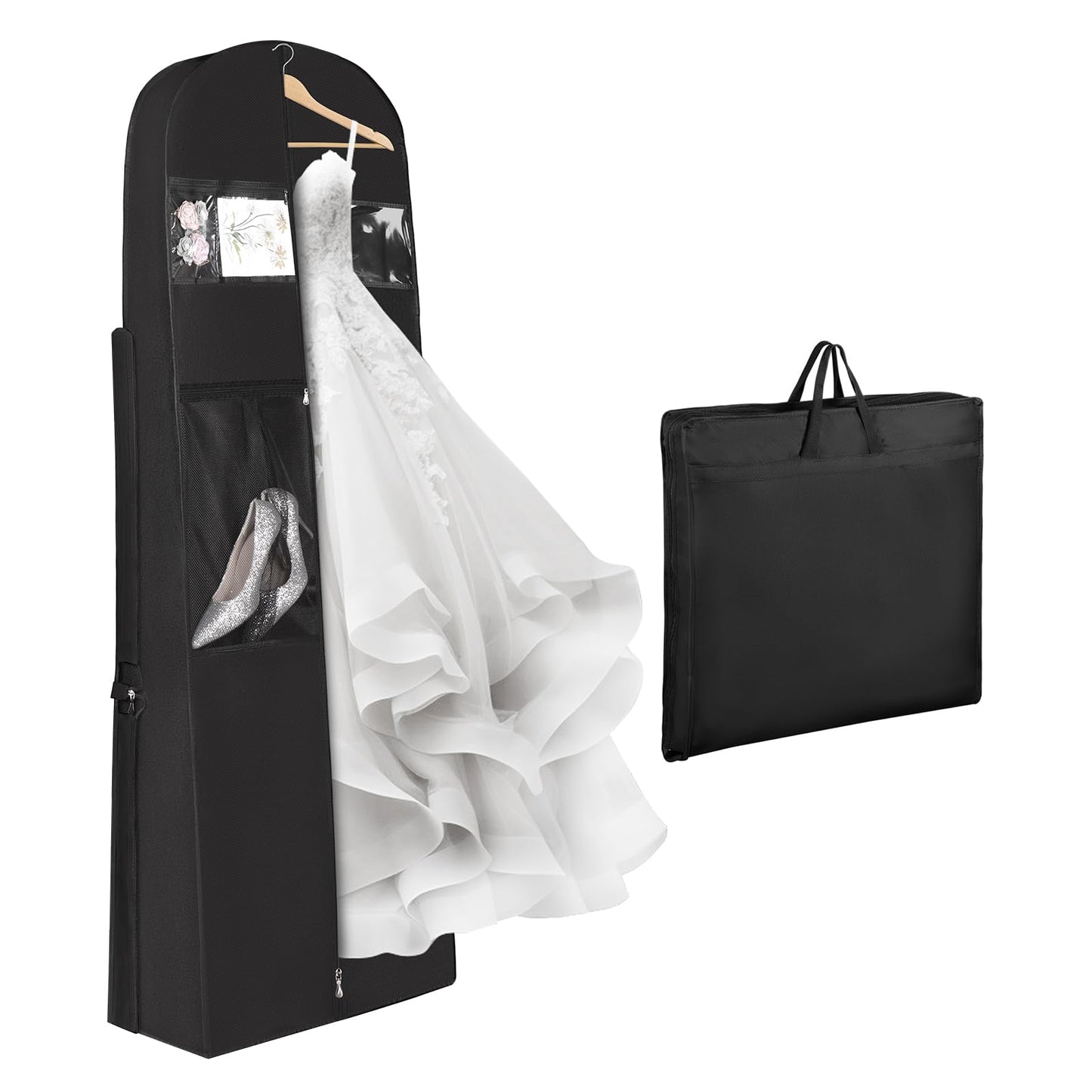 Univivi Wedding Dress Travel Bag for Airplane, Extra Long Wedding Gown Garment Bag with Accessory Pockets, 72 Inch Trifold Heavy Duty Dress Bags for Gowns for Travel and Closet Storage (Black)