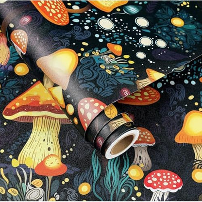 FunStick Gold Dark Blue Mushroom Wallpaper Peel and Stick Boho Woodland Botanical Wall Paper for Bedroom Bathroom Kids Room Wall Mural Colorful Orange Self Adhesive Mushroom Contact Paper for Cabinets