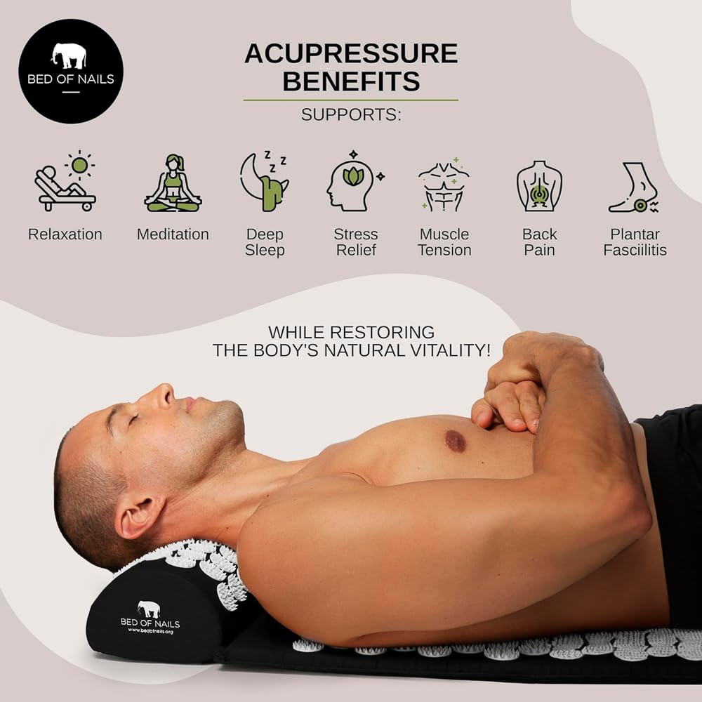 BED OF NAILS The Original Premium Acupressure Mat, 8,820 Acupuncture Pressure Points for Back Pain Relief, Increased Energy, Relaxation, FSA/HSA Eligible, with Drawstring Bag, 29 x 16 x 1, Jet Black