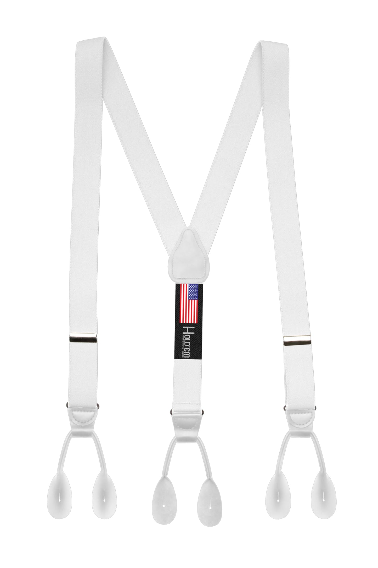 HOLD'EM Tuxedo Button Suspenders for Men – Black Mens Dress Suspenders | 100% Genuine Leather | Formal Daily Use | Made in USA | Regular 32–46" Tall 40–54" | White (Regular 46" Long)