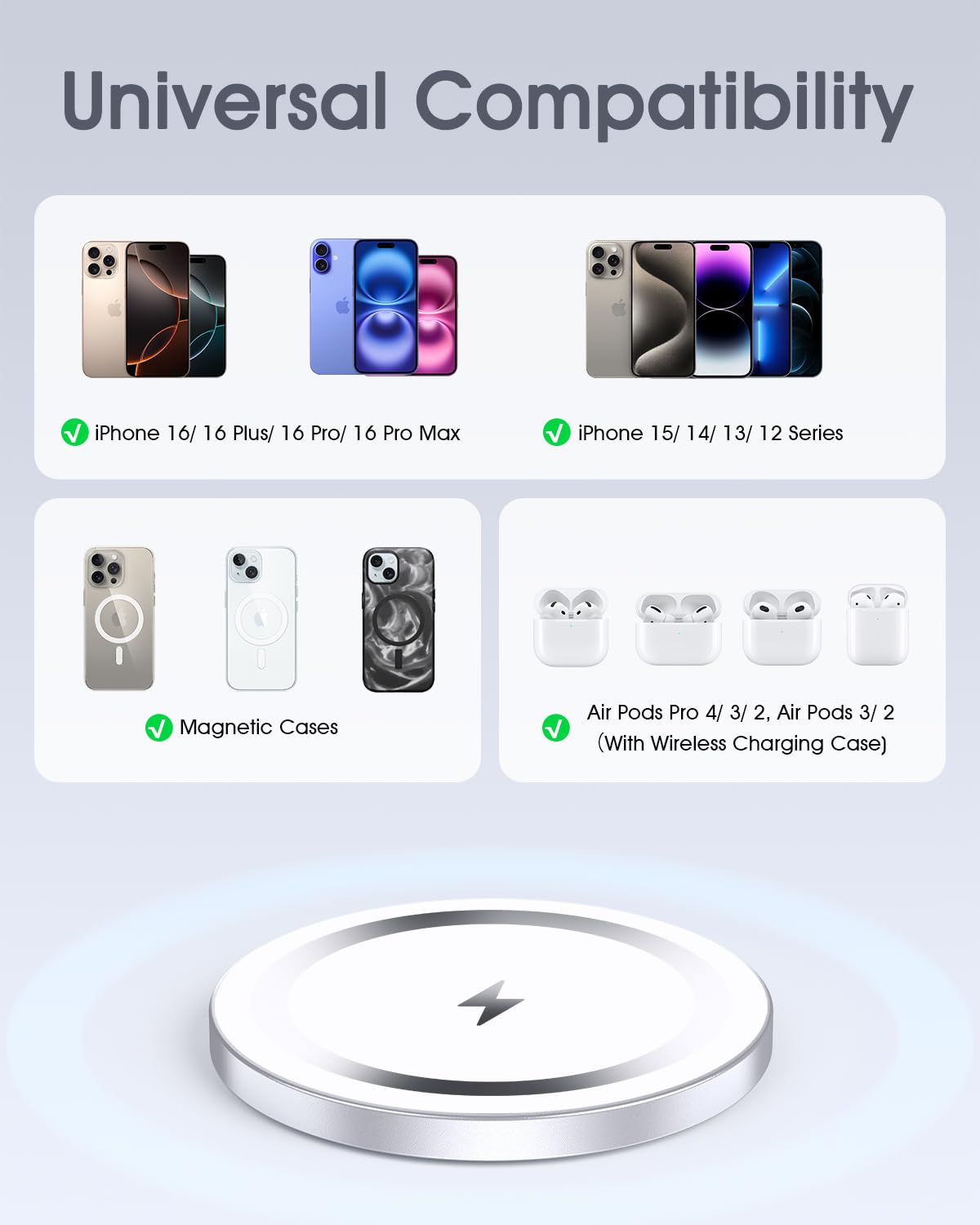 WRVVR for Apple Mag-Safe Charger 2 Pack, Magnetic Wireless Charger for iPhone 16 15 14 13 12 Pro Max Plus mini, 15W Fast Charging Pad, for Airpods 4/3/2/Pro, Strong Magnet, Silver