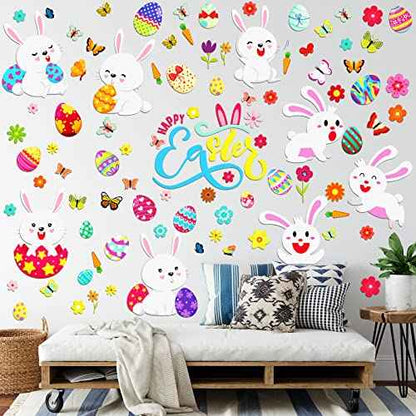 Capoda 103 Pieces 6 Sheets Easter Eggs Bunnies Wall Decal Easter Egg Hunt Games Decals Adorable Bunny Sticker Rabbit Egg Clings for Wall Living Room Bedroom Home Decorations