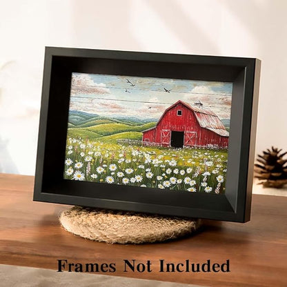 Yesad Country Red Barn Pictures, Daisy Canvas Wall Art Wildflower Meadow Poster Flower Print Rustic Farmhouse Decor Barn Painting Wall Decor Home Decoration for Living Room (Unframed,12"x8",Barn2)