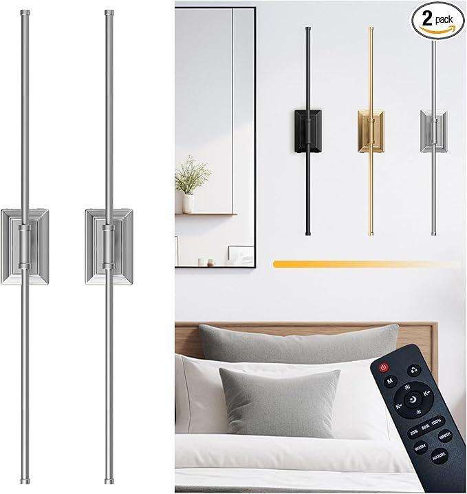 Battery Operated Wall Light Set of 2 - Silver Picture Wireless Led Plug In Walls Sconce Fixture Indoor - Art Decor Bathroom Sconces Rechargeable - Modern Bedroom Cordless Lights Fixtures with Remote