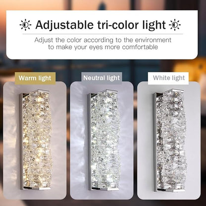 LED Crystal Wall Sconce Silver Crystal Bathroom Vanity Light Fixtures with 3 Color Temperature, Indoor Dimmable Wall Mount Light for Bedroom Living Room,Set of 2