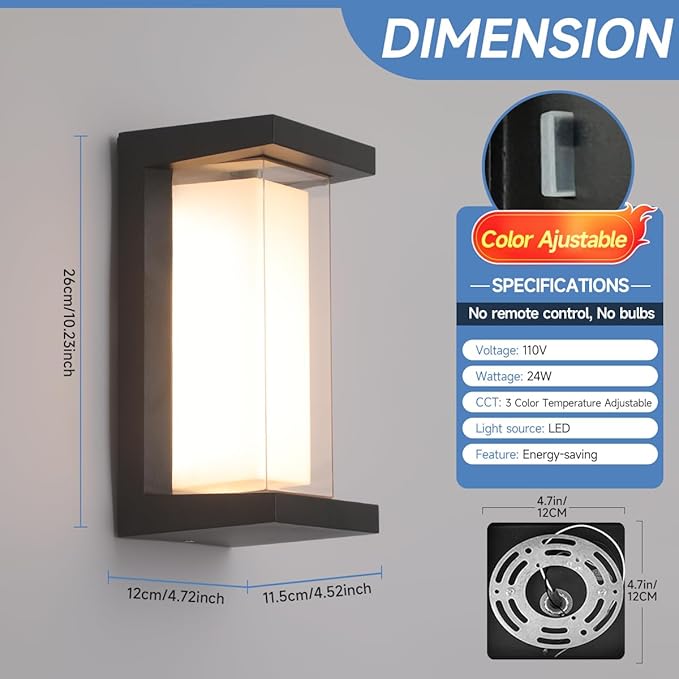 Outdoor Porch Light,15%-100% Dimmable Indoor Wall Light Fixtures,3000K/4000K/6500K Adjustable,24W Exterior Wall Lighting,Waterproof Outdoor Modern Wall Sconce Lights,2160LM Indoor Wall Sconce 2 Pack