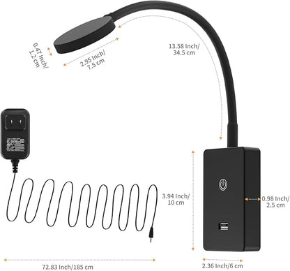 Touch Dimmable LED Wall Mounted Bedside Reading Light, Black Flexible LED Wall Reading Lamp for Nightstand in Bedroom, 120° Wide Angle Neutral White Lighting, with 5V2A USB Output Port