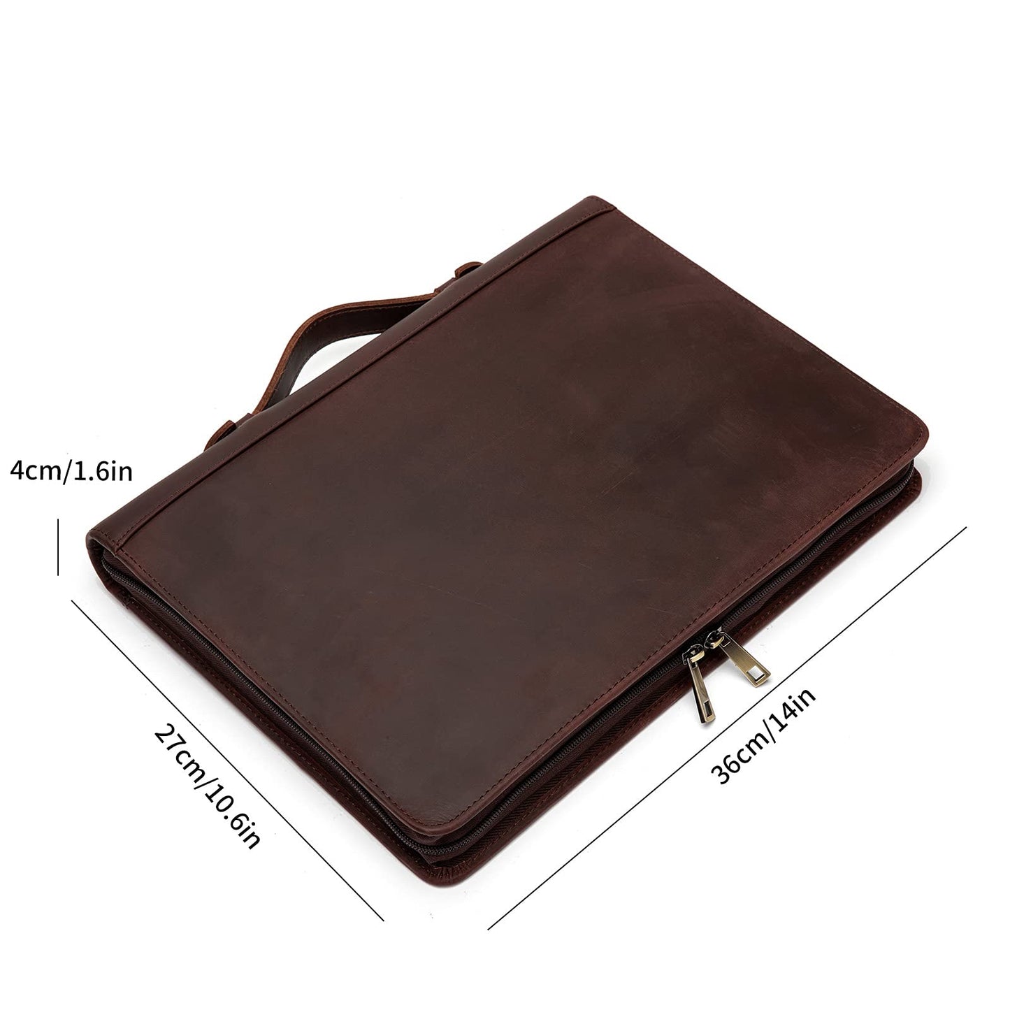 YIWEN Handmade Leather Portfolio with Handle, 3 Ring Binder, Zippered Padfolio for 13" Tablet, 8.5 x 11 Notepad, Professional Business Document Organizer (Dark Brown, Crazy Horse Leather)