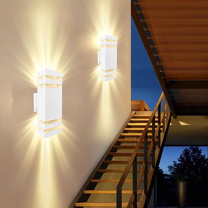 Outdoor Lights Wall Mount, White Up and Down Exterior Lighting Fixtures, Modern Square Porch Wall Sconce Aluminum Front Door Light LED Wall Lamp for Garage Garden Patio 2 Pack