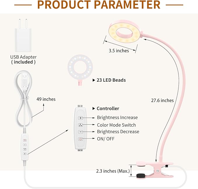 iZELL Desk Lamp, LED Reading Light with Clamp, 3 Color Modes & 10 Brightness Flexible Gooseneck Book Light for Kids Reading Book in Bed at Night Clip on Table, Computer, Zoom Meetings - 27.6‘’ Pink