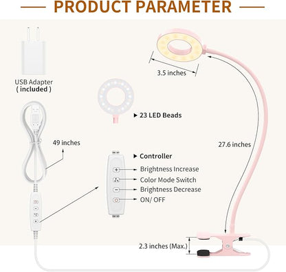 iZELL Desk Lamp, LED Reading Light with Clamp, 3 Color Modes & 10 Brightness Flexible Gooseneck Book Light for Kids Reading Book in Bed at Night Clip on Table, Computer, Zoom Meetings - 27.6‘’ Pink