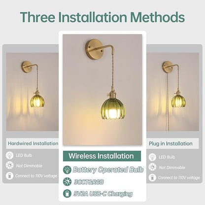 Battery Operated Wall Sconce with Green Tulip Shade Pattern Glass Adjustable Chain Retro Gold Wall Mounted Light, Modern Wall Lamp Fixtures Decor for Bedside Bedroom Indoor Doorway