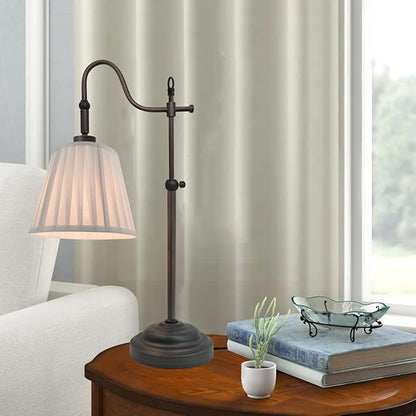 Farmhouse Table Lamps for Living Room, Rustic Desk Lamp with Adjustable Height, Industrial Reading Vintage Light with Pleated Fabric Lampshade for Bedroom, E26