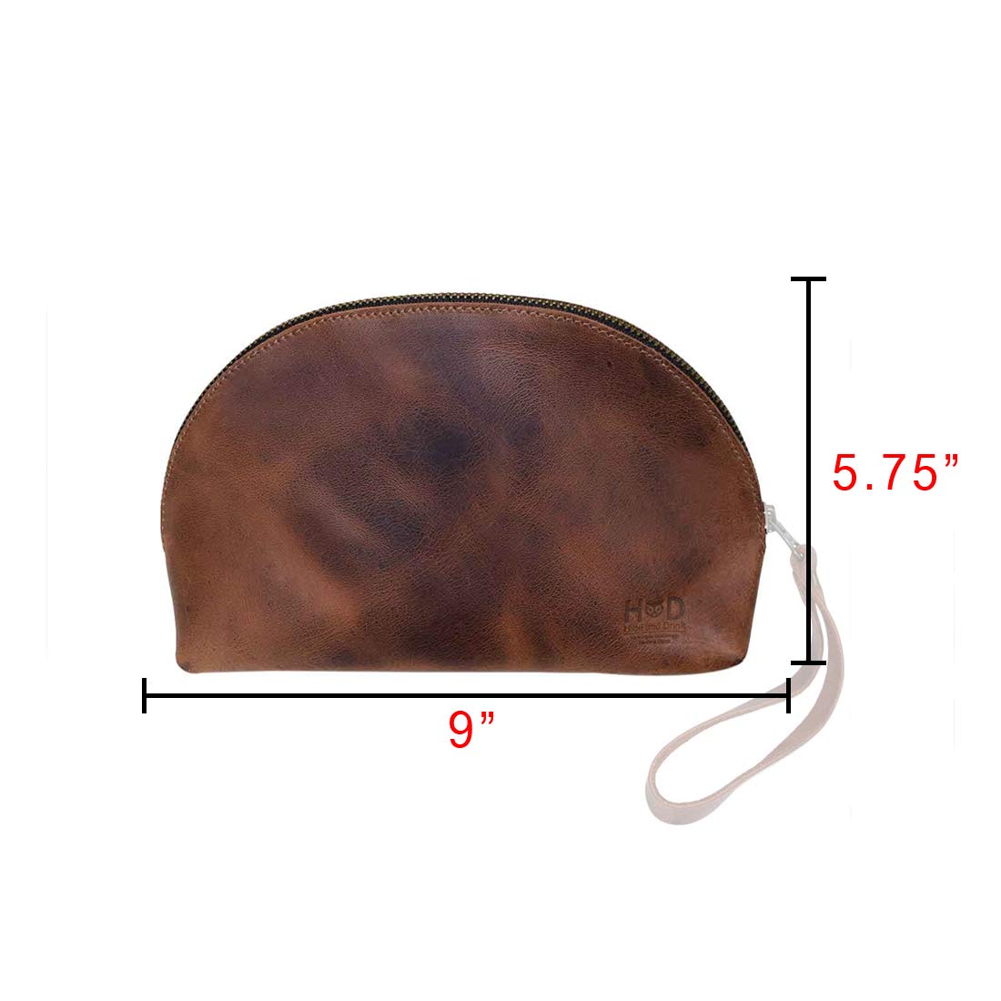 Hide & Drink, Cosmetic Travel Organizer with Hand Strap for Women, Makeup Bag, Classic Handbag, Full Grain Leather, Handmade, Bourbon Brown
