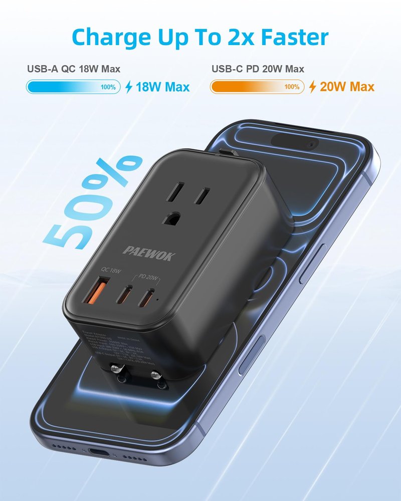 PAEWOK Travel Adapter PD 20W, Mini Universal Travel Adapter with 1 AC Outlet and USB Fast Charging, Ultra Thin International Plug Adaptor for US to European UK Italy Spain New Zealand (Type C G A I)