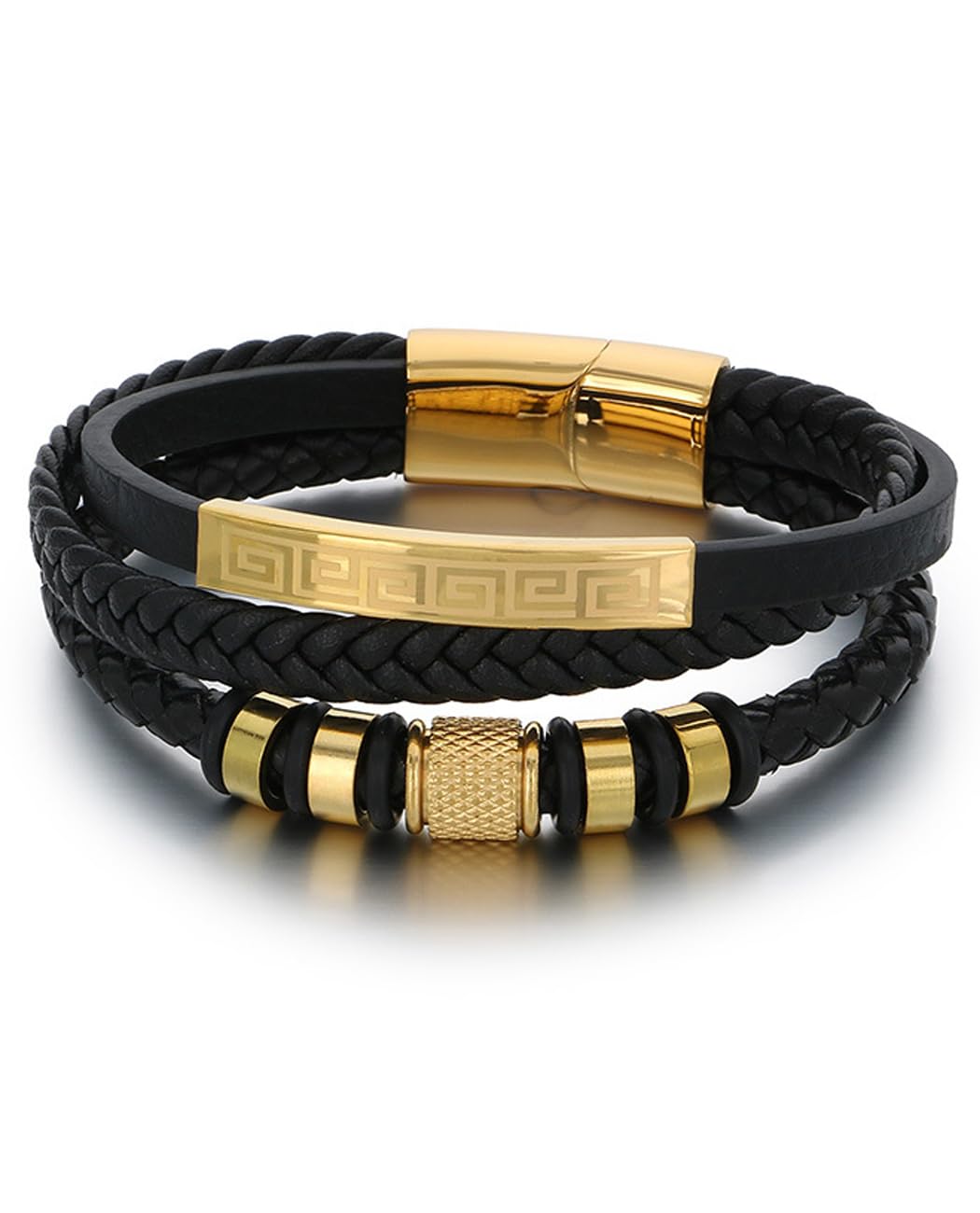 Kim Carrey Italian Handmade Genuine Leather Bracelets for Men Stainless Steel Clip, Men's Casual Genuine Multi-layer Cuff Bracelet, Bracelet Gift for Real Men (Golden)