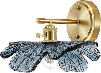 Vintage Bathroom lighting fixtures Gold Bathroom Vanity Light Hand Blown 1-Light Modern Wall Sconce Indoor Wall Light with Blue Glass Shade Mid Century Wall Lighting for Bedroom Hallway Living Room