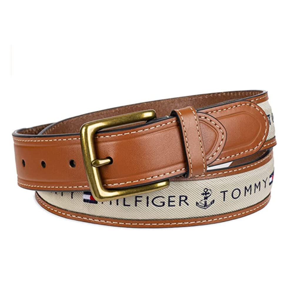 Tommy Hilfiger Men's Ribbon Inlay Belt - Ribbon Fabric Design with Single Prong Buckle, Khaki, 38