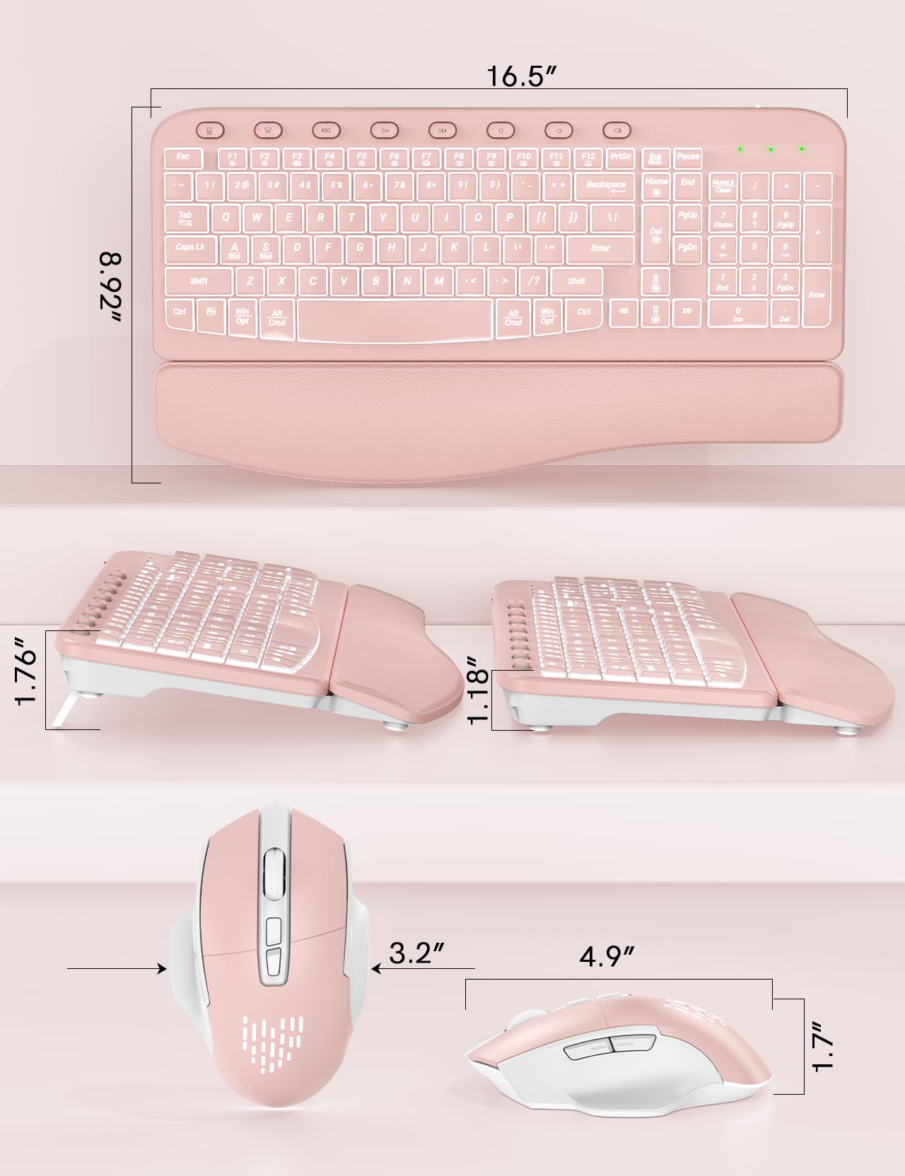 SABLUTE Wireless Keyboard and Mouse Combo Ergonomic - MA12Pro Wave Keyboard with Leather Wrist Rest for Comfortable Typing, RGB Backlit Rechargeable for Windows, Mac, PC, Laptop (Pink)