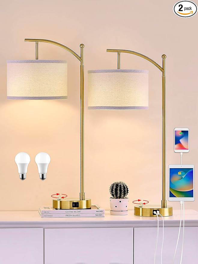 Table Lamp for Living Room Bedroom, 23.5" Table Lamps Set of 2 with USB C+A Ports, Bedside Lamps for Nightstand with Linen Lamp Shades, 2 Dimmable LED Bulbs Included, Gold