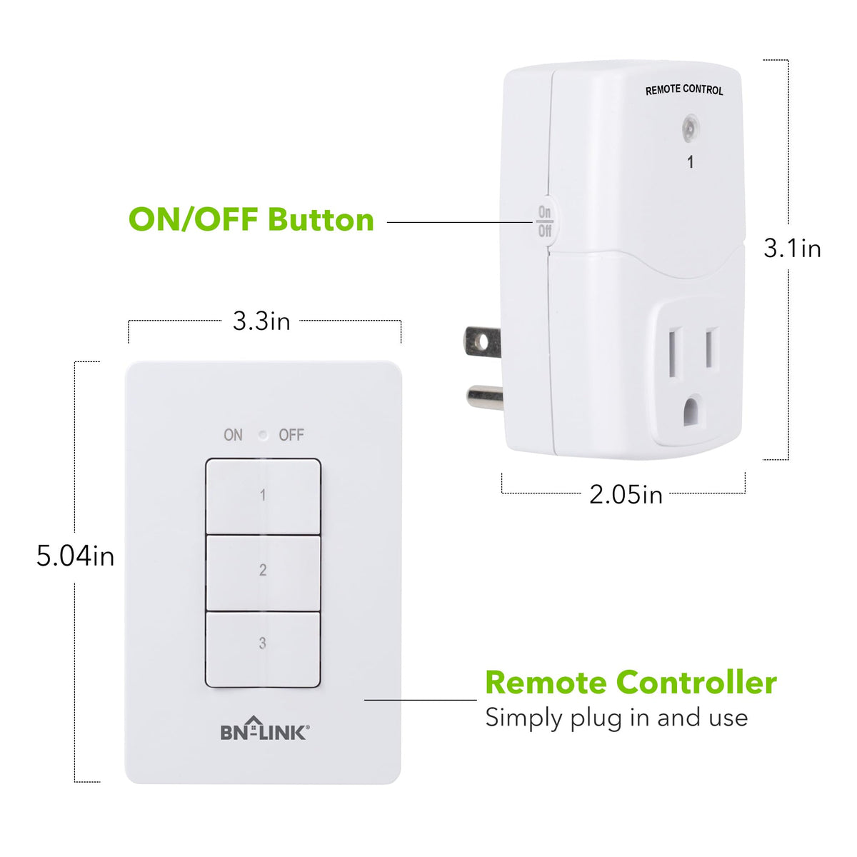 BN-LINK Mini Wireless Wall-Mounting Remote Control Outlet Switch Power Plug in for Household Appliances, Wireless Remote Light Switch, LED Light Bulbs, White (3 Outlets)