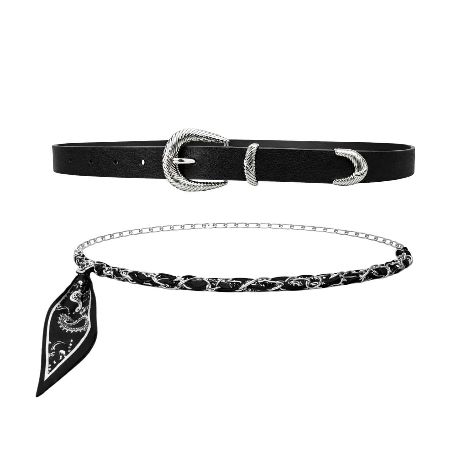 Women’s 2-Pack Belts – Faux Leather Skinny Jean Belt and Scarf Chain Belt – Stylish Waist Accessories for Everyday Wear (Black with Black Scarf Belt, S/M)