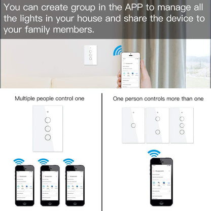 MOES Touch Wall Single Live Wire Smart Switch，No Neutral Wire Needed, 2.4GHz WiFi RF433 Light Switch Works with Smart Life/Tuya App, Alexa and Google Home, Single Pole 110V, White 1 Gang