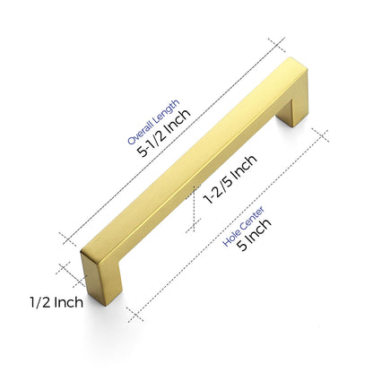 Ravinte 30 Pack 5 Inch Square Cabinet Handles, Brushed Brass Finish, Stainless Steel Kitchen Hardware Pulls with 5" (128mm) Hole Center for Cabinets, Gold