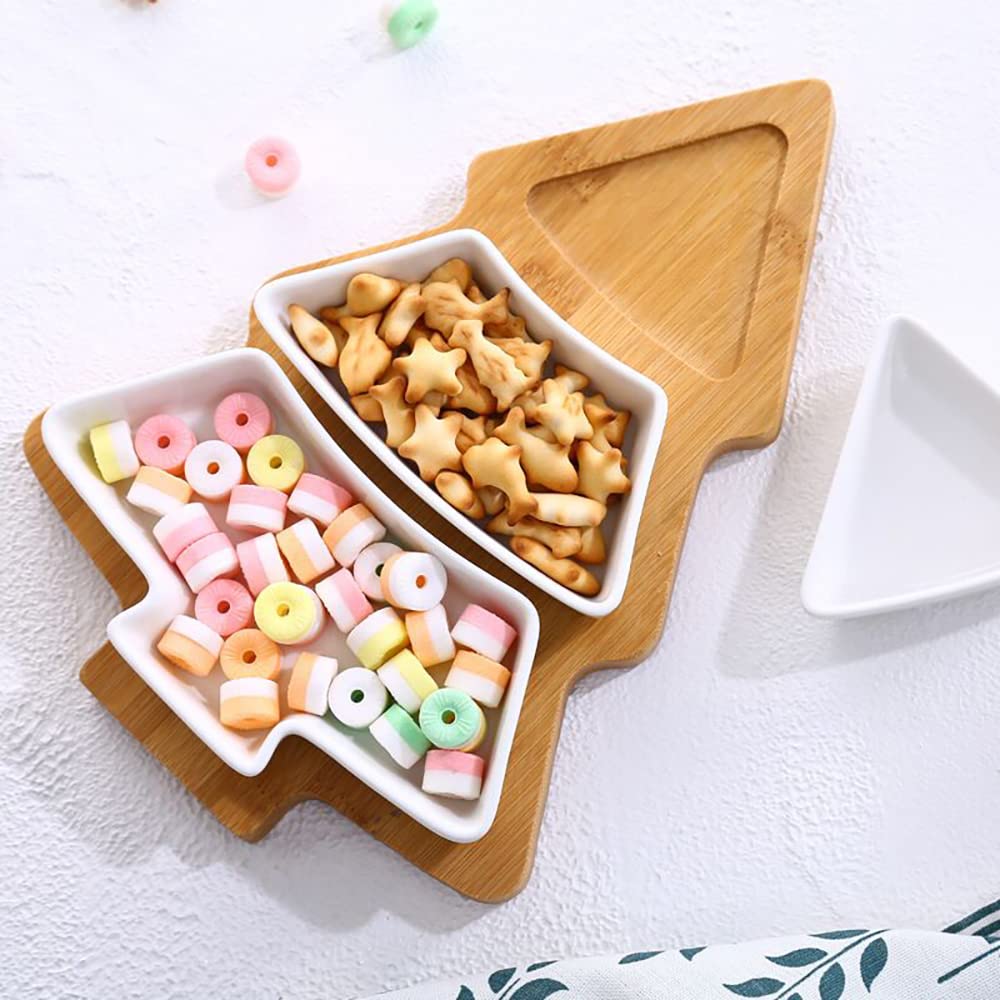 Bamboo Christmas Tree Tray, Ceramic Serving Dishes Set In Christmas Themed Design Serving Bowls for Parties, Perfect for Veggies, Candy and Snacks, White